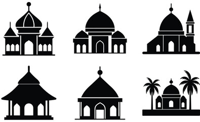 Philippine Mosque Silhouette Vector Set – Indigenous Islamic Architecture from Mindanao Featuring Domes, Minarets, and Maranao Torogan-Inspired Cultural Designs

