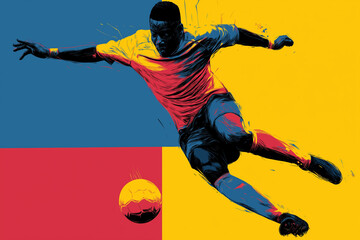 A vibrant vector-style illustration of a soccer player in motion, using flat colors, bold shapes, and minimal shadows on a bright, colorful background with high contrast and modern flair.