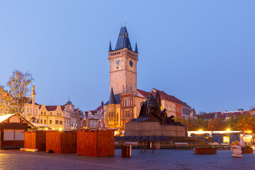 Old Town Hall in Prague Czech Republic seen at dawn from the Old Town Square with streetlights