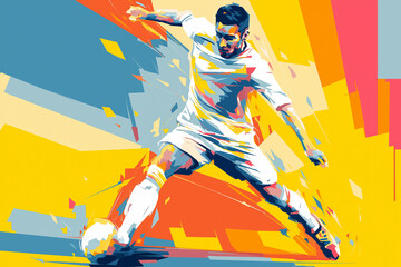 A vibrant vector-style illustration of a soccer player in motion, using flat colors, bold shapes, and minimal shadows on a bright, colorful background with high contrast and modern flair.