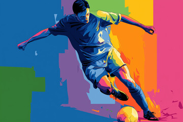 A vibrant vector-style illustration of a soccer player in motion, using flat colors, bold shapes, and minimal shadows on a bright, colorful background with high contrast and modern flair.
