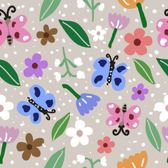 Seamless floral pattern with tulips, butterflies, colorful flowers and leaves and white dots on a brown background. Use for textiles, wallpapers and prints.