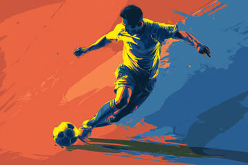 A vibrant vector-style illustration of a soccer player in motion, using flat colors, bold shapes, and minimal shadows on a bright, colorful background with high contrast and modern flair.