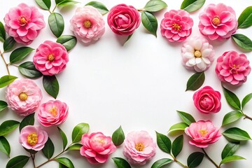 A Frame of Pink and White Camellias with Green Leaves on White