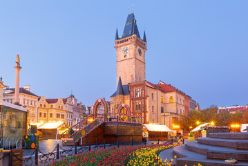 Old Town Hall in Prague Czech Republic seen at dawn from the Old Town Square with streetlights