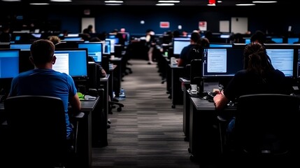 Office workers in a large call center, data analysis and customer service representatives