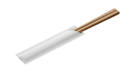  Wooden chopsticks with white paper sleeve on gray background. Perfect for branding, packaging, or restaurant presentation.


