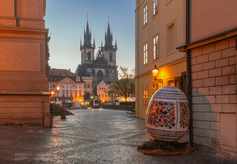 View of Church of Our Lady before Tyn in Prague Czech Republic at dawn