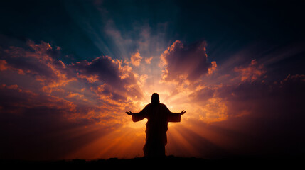 jesus christ with radiant light and open arms at sunrise — ideal for religious publications, faith-based social media content, easter celebration materials, or inspirational posters	
