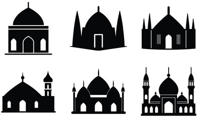 African Mosque Silhouette Vector Set – Traditional Islamic Architecture Featuring Sahelian, Maghrebi, and Sudano-Sahelian Designs for Cultural and Religious Projects

