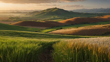 Fototapeta premium Crop Field with Curved Trail and Rolling Desert Hills at Sunset 