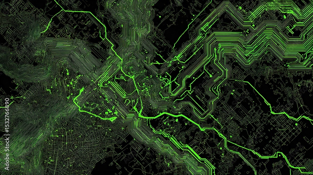 Poster dark background with neon green circuit traces in abstract design