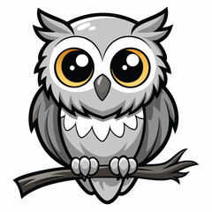 Adorable cartoon grey owl perched on a branch
