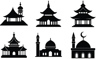 Japanese Mosque Silhouette Vector Set – Unique Islamic Architecture with Japanese Design Influence, Pagoda Roofs, and Cultural Fusion for Creative Projects
