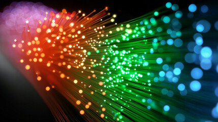 Fototapeta premium Abstrakte Lichtpunkte und Partikel schweben in bunten Farben durch dunklen Raum mit Tiefeneffekt