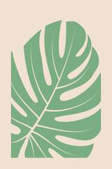 Botanical drawing of tropical leaf big on beige background in abstract doodle form art design for posters, wallpapers and home decor. Vector illustration.