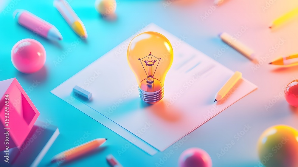 Poster light bulb placed on paper surrounded by pencils symbolizing creativity and innovation in content cr