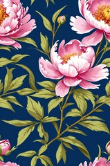 Peonies on blue background cartoonish seamless pattern