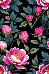 Peonies on black background cartoonish seamless pattern