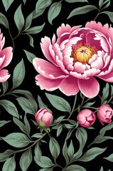 Peonies on black background cartoonish seamless pattern