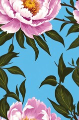 Peonies on blue background cartoonish seamless pattern