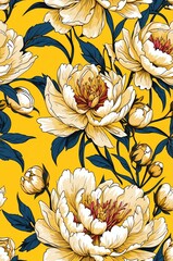Peonies on yellow background cartoonish seamless pattern