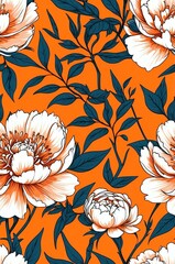 Peonies on orange background cartoonish seamless pattern