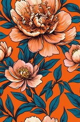 Peonies on orange background cartoonish seamless pattern