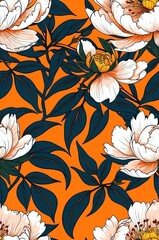 Peonies on orange background cartoonish seamless pattern