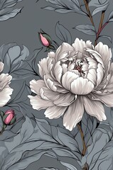 Peonies on gray background cartoonish seamless pattern