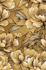 Peonies on gold background cartoonish seamless pattern