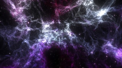 A cosmic nebula with purple and white clouds and scattered stars in deep space
