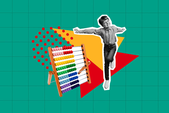 Creative artwork template sketch image 3D collage of classroom college courses school age young boy run smile count maths retro tool