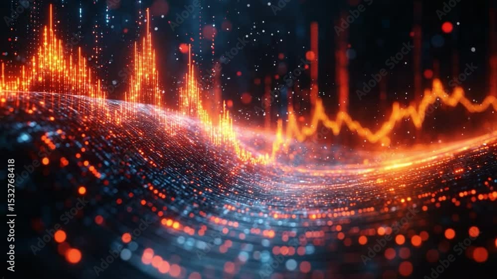 Poster Vibrant Digital Data Stream: A dynamic and visually stunning display of digital data visualization, with cascading light and intricate structures forming a glowing landscape.