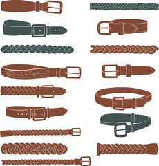 Diverse vector illustrations of stylish belts, including braided and classic designs, perfect for fashion, apparel, and accessory-related graphic projects.