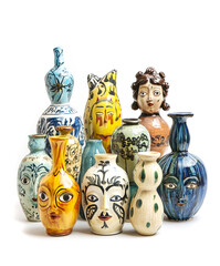 set of ceramic vases on white background