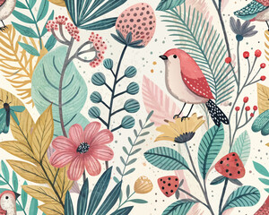 Seamless Tropical Jungle Vector Illustration Pattern. Cute Artsy Mix of Botanical Elements, Abstract Shapes, Animals and Birds for fabric design, nursery decor, kids' products, wallpapers, packaging, 