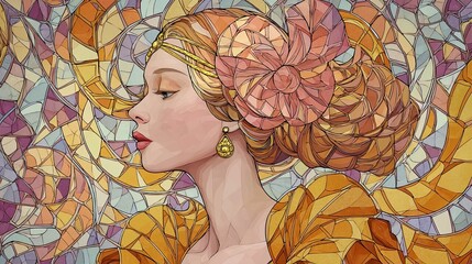 Elegant woman with intricate hairstyle adorned with a large flower, set against a colorful stained glass background, showcasing artistic beauty and vibrant design elements