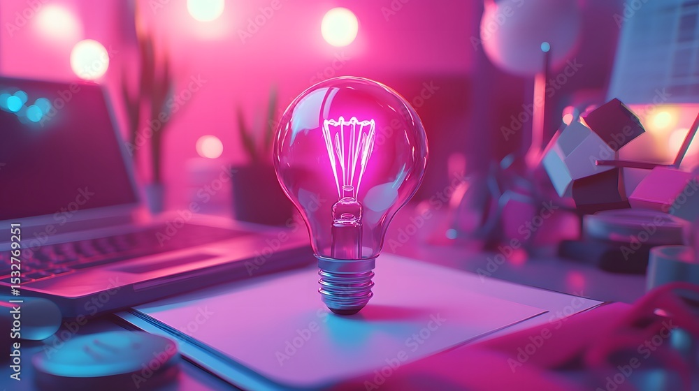 Poster light bulb resting on a laptop symbolizing creative ideas and digital content creation in modern tec