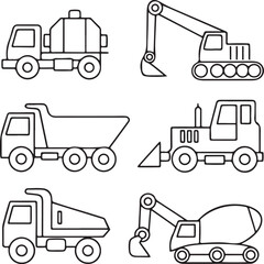 Construction Vehicles Icon Set Vector Black and White Silhouette of Trucks Cranes Bulldozers for Industrial Use