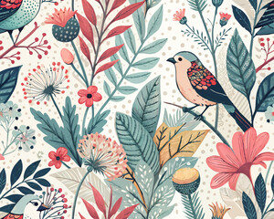 Seamless Tropical Jungle Vector Illustration Pattern. Cute Artsy Mix of Botanical Elements, Abstract Shapes, Animals and Birds for fabric design, nursery decor, kids' products, wallpapers, packaging, 