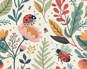 Seamless Tropical Jungle Vector Illustration Pattern. Cute Artsy Mix of Botanical Elements, Abstract Shapes, Animals and Birds for fabric design, nursery decor, kids' products, wallpapers, packaging, 