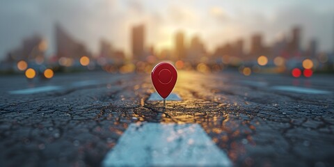 Large red map pin on a city map with a blurred cityscape background, representing GPS navigation and location tracking