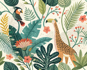 Seamless Tropical Jungle Vector Illustration Pattern. Cute Artsy Mix of Botanical Elements, Abstract Shapes, Animals and Birds for fabric design, nursery decor, kids' products, wallpapers, packaging, 