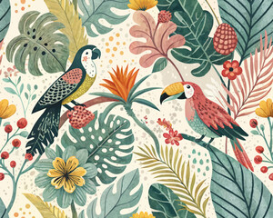 Seamless Tropical Jungle Vector Illustration Pattern. Cute Artsy Mix of Botanical Elements, Abstract Shapes, Animals and Birds for fabric design, nursery decor, kids' products, wallpapers, packaging, 