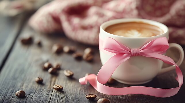 A cup of coffee with a pink ribbon on a wooden table surrounded by coffee beans and a pink scarf