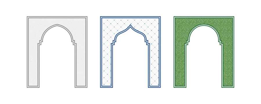 Traditional arch frame with intricate fill pattern in cultural symmetrical outline design for architectural decorative vector template border artwork.