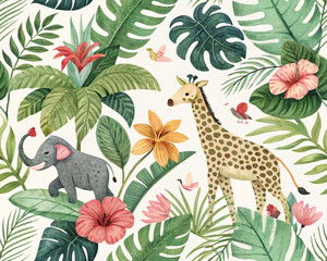 Seamless Tropical Jungle Vector Illustration Pattern. Cute Artsy Mix of Botanical Elements, Abstract Shapes, Animals and Birds for fabric design, nursery decor, kids' products, wallpapers, packaging, 