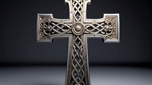 Ornate silver religious cross with Celtic knot patterns set against a dark gray backdrop for themes of faith and spirituality.