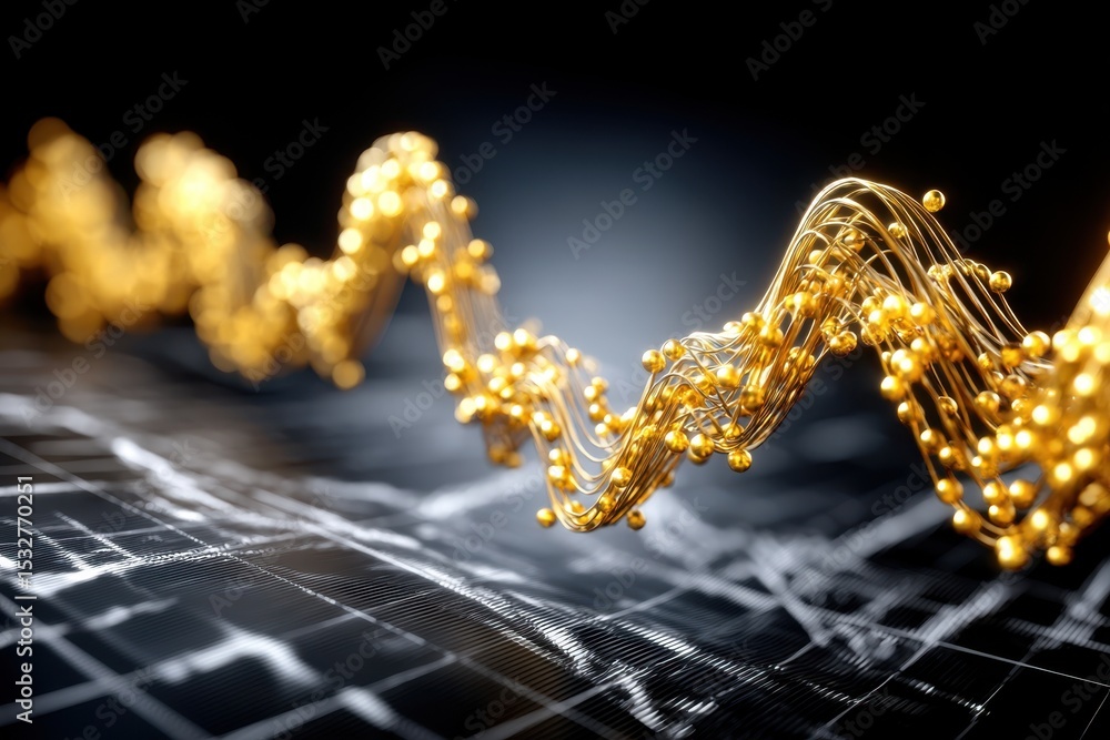 Poster dynamic golden wave pattern illustrating data trends and fluctuations in a digital environment